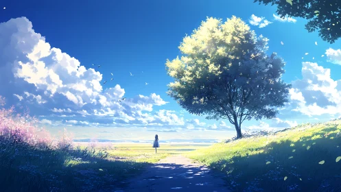 Sunlit meadow moment with a quiet girl under wide skies.