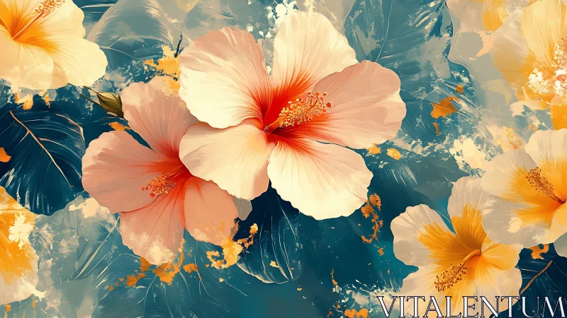 Layered Floral Composition with Red Hibiscus Centerpiece.