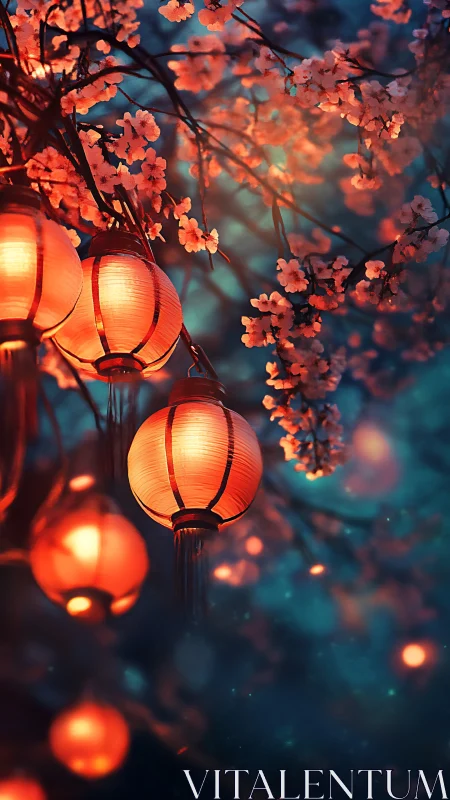 Lantern light glows softly among spring blossoms at dusk