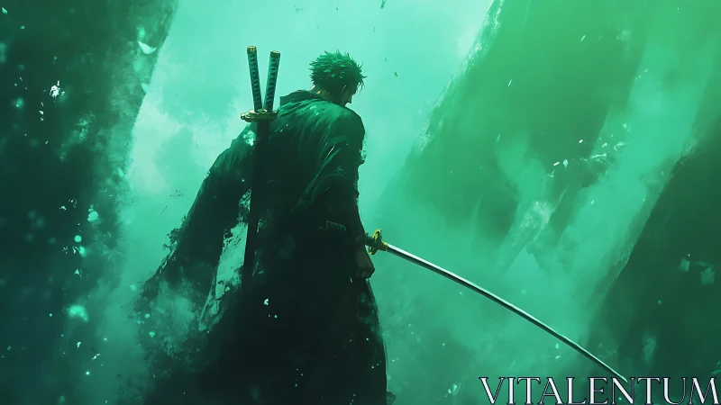 Lone swordsman with katanas in green misty environment.