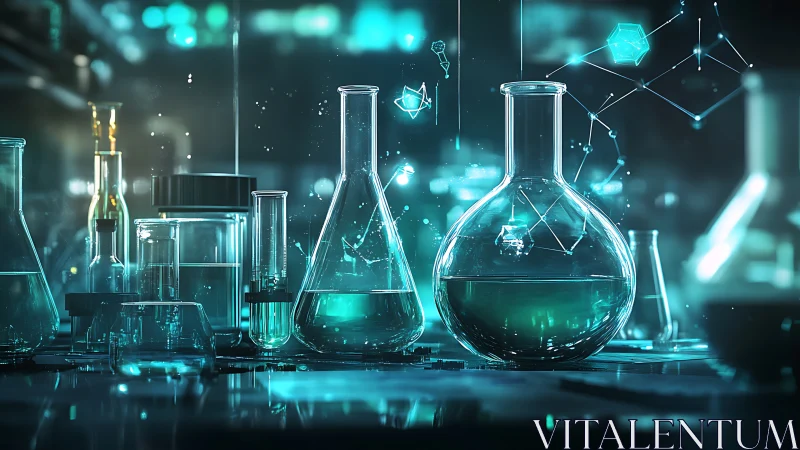 Futuristic lab glassware glows with teal experimental energy
