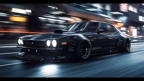 Midnight street samurai car carves neon lanes in silence