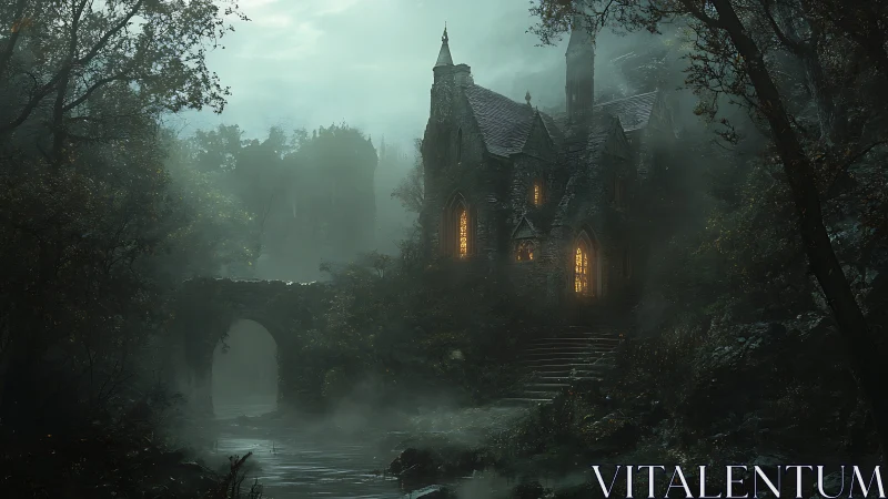 Gothic stone house glows beside misty river in dense forest