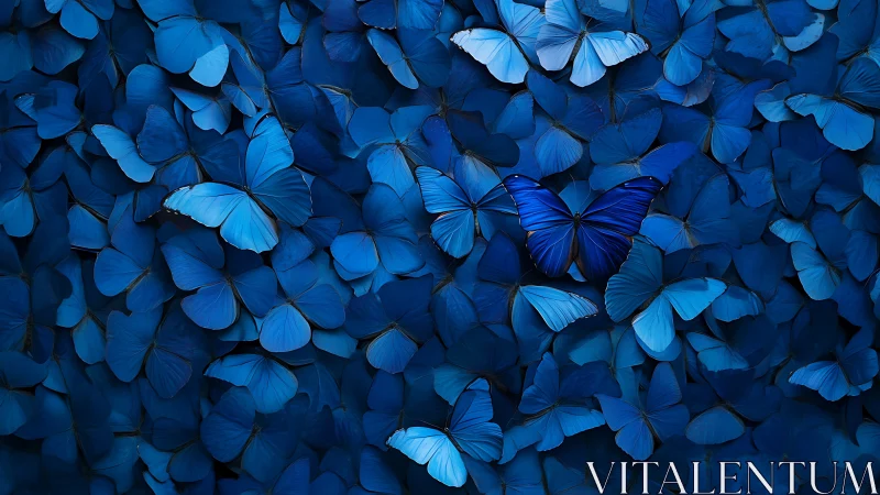 High-saturation monochrome cluster of blue butterflies emphasizes contrast