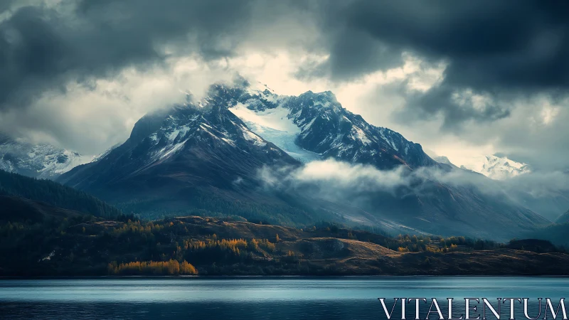 Storm-lit mountain range above tranquil reflective lake.