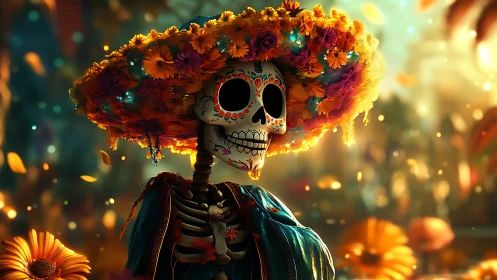 Calavera portrait in marigold hat glows in warm bokeh haze