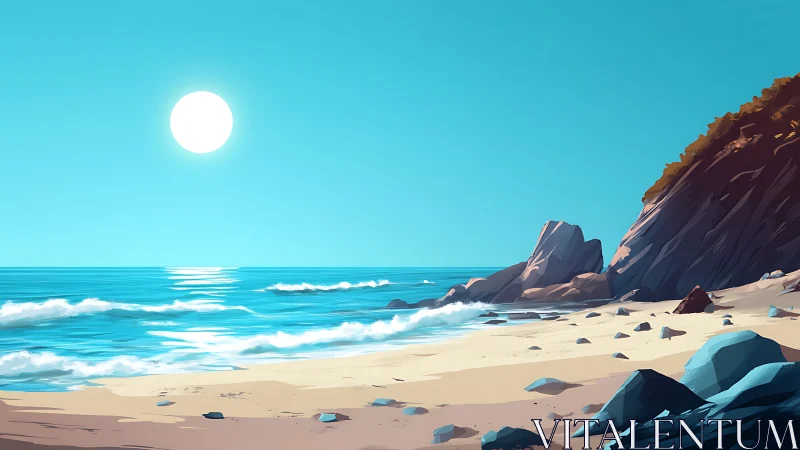 Sunlit digital seascape with rocky coastline and waves.