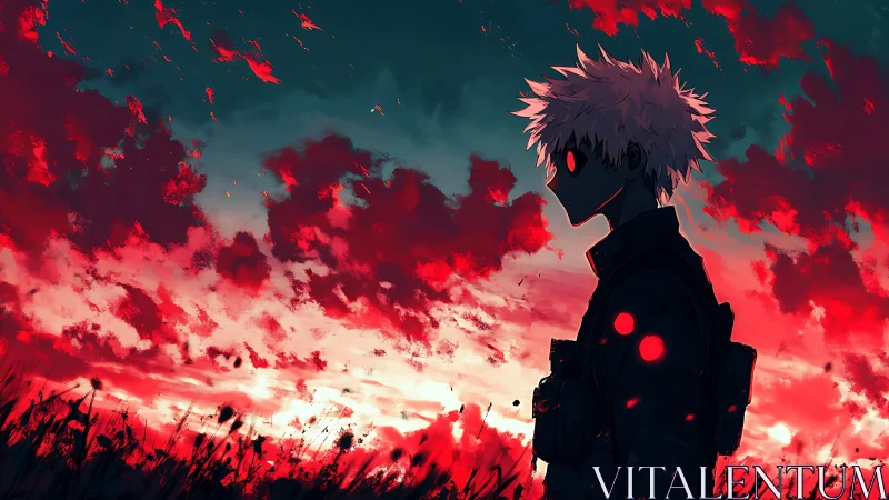 Silhouetted figure stands before saturated red cloudscape