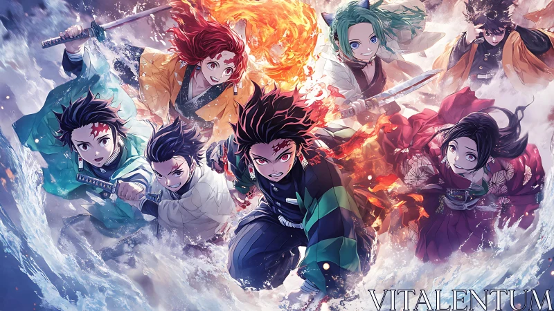 Anime swordsmen group charge through water and flames.