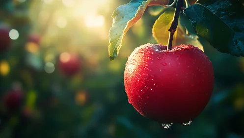 Red apple on tree branch with dewdrops in morning light.