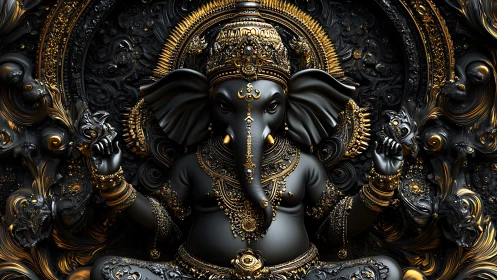 Ganesh statue is rendered in ornate black and gold detail