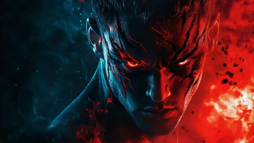 Fierce elemental warrior stands between icy blue and raging fire