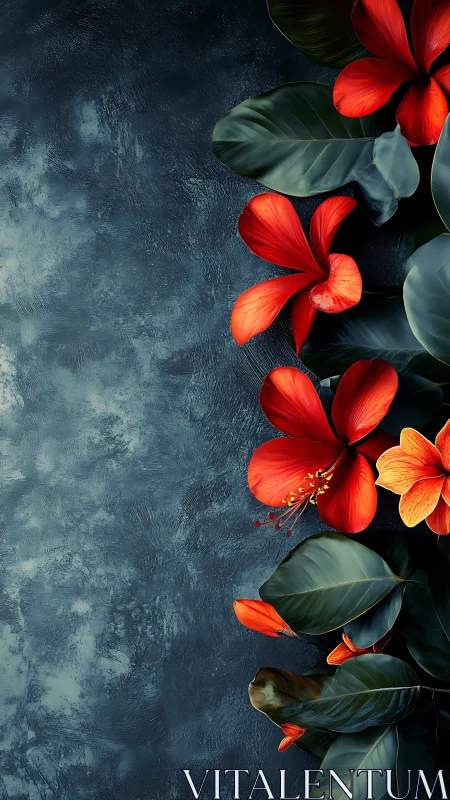 Red flowers on dark textured surface arrangement.
