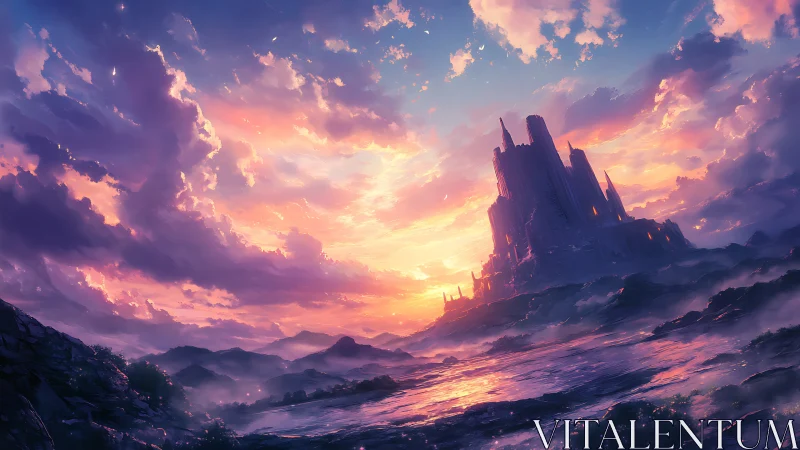 Sunlit fantasy citadel resting beneath a dreamy sky.