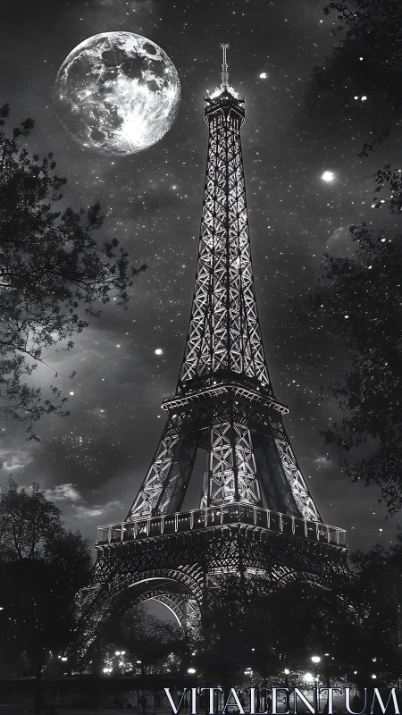 Eiffel Tower stands lit at night under enlarged full moon