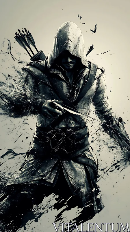 Hooded rogue in fragmented ink splatter combat stance.