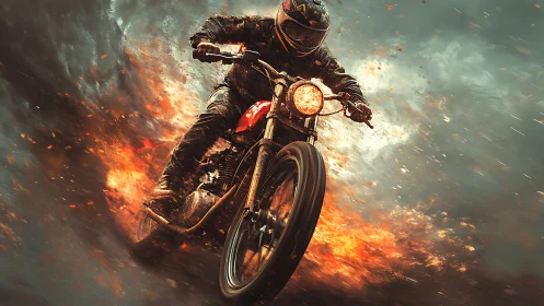 Motorcyclist drives through exploding fire and sparks.