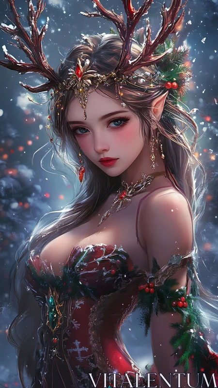 Christmas antlered elf woman in ornate red fantasy dress.