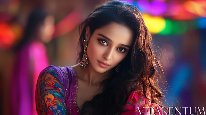 Portrait of a young woman amid vibrant festival lights