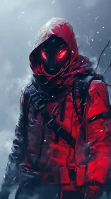 Hooded red‑clad figure with glowing eyes in icy mist.