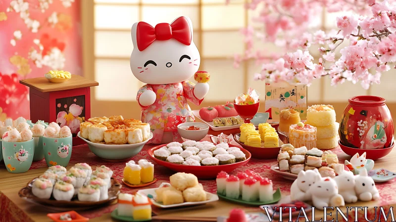 Digital kawaii dessert banquet with sakura festive framing.