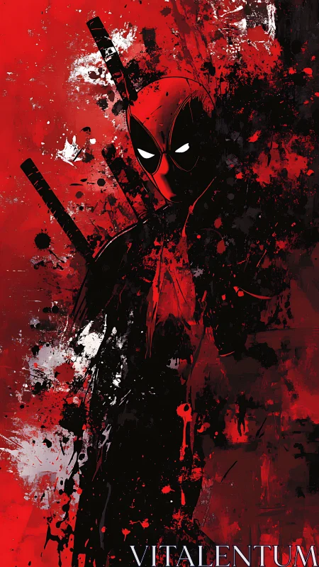 Kinetic splatter portrait of masked antihero in red field.