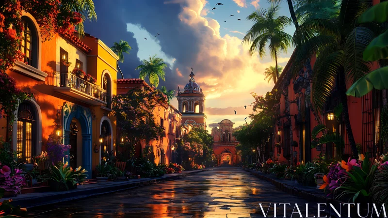 Sunlit colonial street renders saturated tropical dusk atmosphere