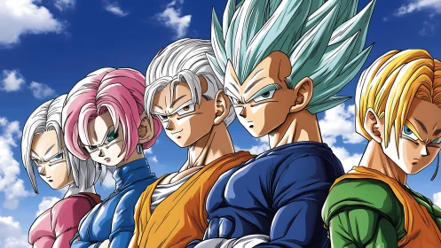 Dragon Ball style warriors lined up under blue sky.