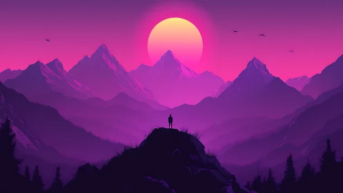 Chromatic alpine vista with silhouetted observer at neon dusk.