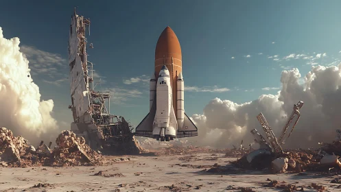 Rocket poised for hopeful launch from silent ruins.