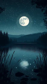 Full moon over forest lake mirrors luminous night sky.
