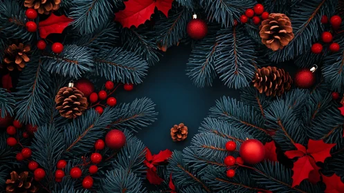 Symmetrical holiday wreath with blue fir and crimson accents.