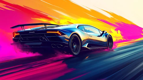 Lamborghini supercar on neon highway at high speed.