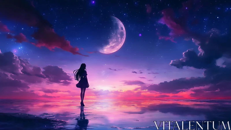 Moonlit shoreline silhouette under vivid cosmic sunset sky.