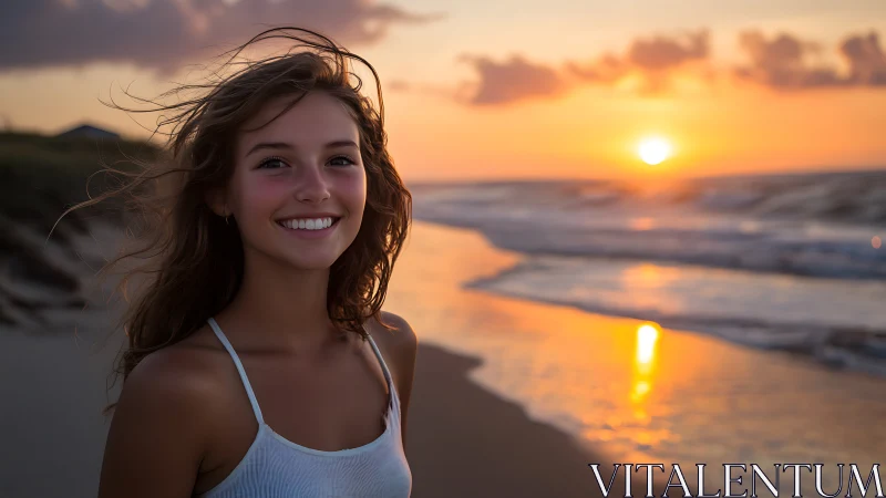 Backlit beach portrait with shallow depth and warm sunset bokeh