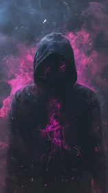 Hooded void silhouette radiates magenta energy in dense vapor field