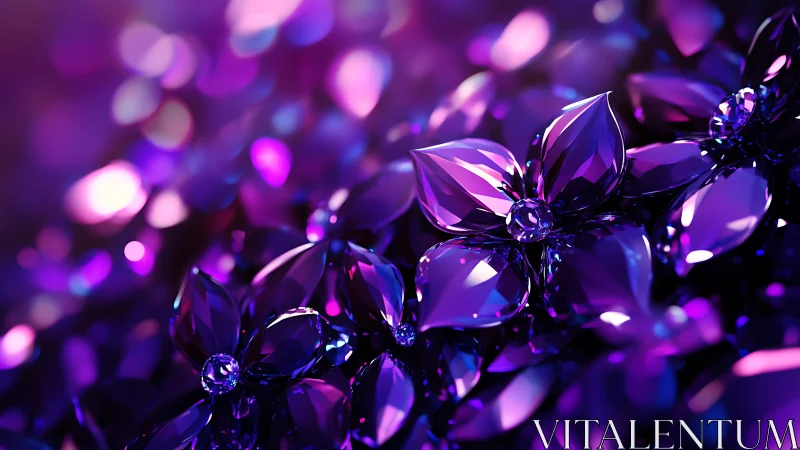 Faceted purple crystal flowers in soft bokeh light.