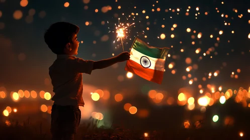 Child with Indian flag and sparkler under luminous bokeh sky.