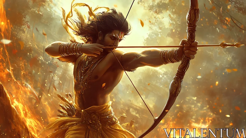 Warrior archer drawing a bow amid blazing golden fire.