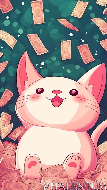 Cartoon cat surrounded by floating banknotes on green field.