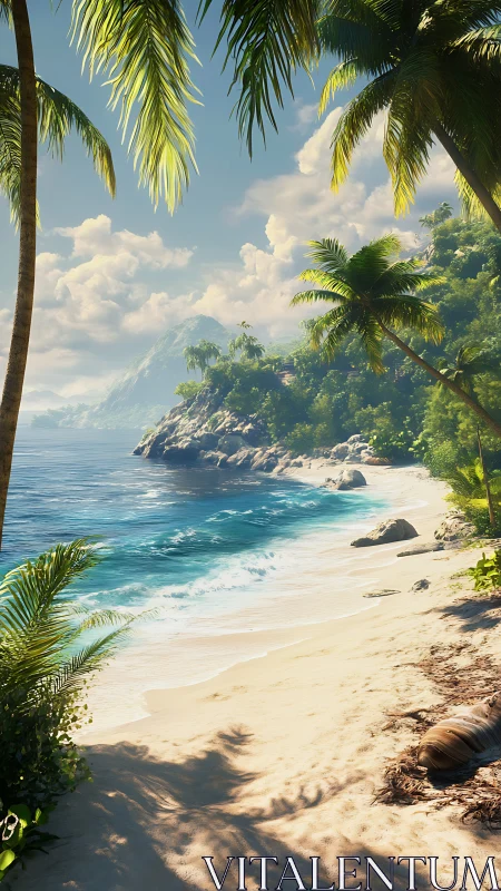Tropical Beach Scene with Palm Trees and Coastal Mountain Formation
