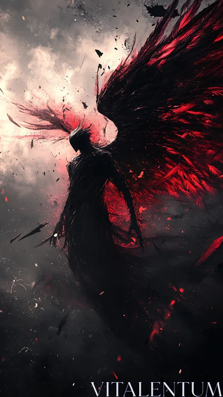 Ember-winged fallen angel rises through storm-torn dusk.