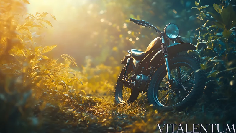 Sunlit forest motorcycle resting in a golden evening glow.