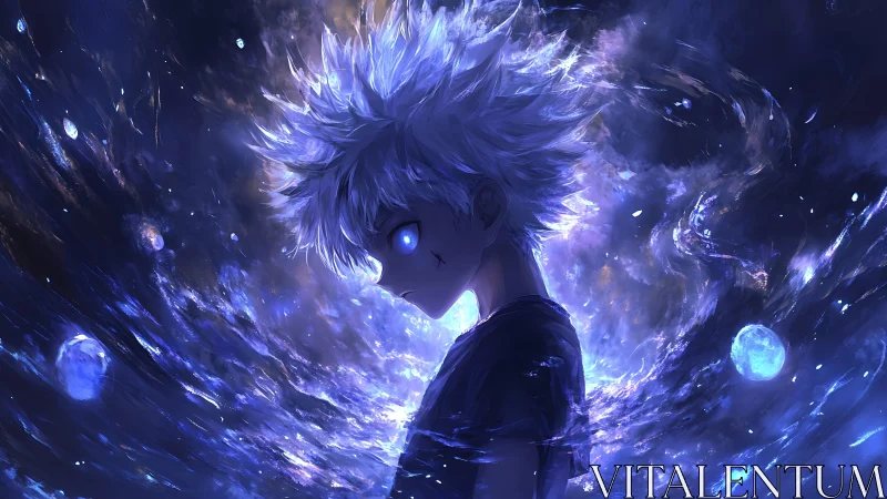 Celestial energy vortex encircling silver haired anime youth