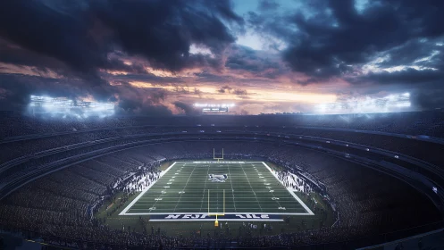 Stormy evening stadium glows as football fans gather together