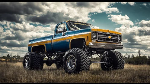 Lifted vintage Chevrolet truck on off-road terrain under clouds.