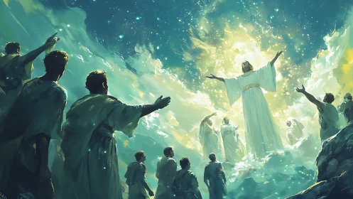 Luminous gathering in the clouds around a rising figure.