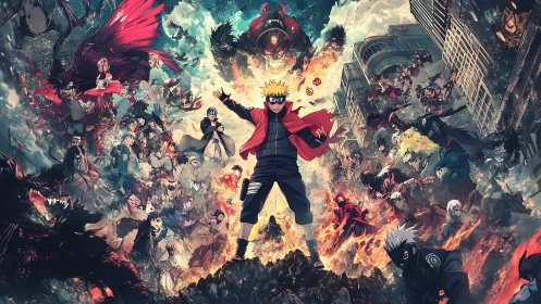 Central anime figure surrounded by numerous combatants.