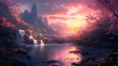 Sunset waterfalls glow across a tranquil cherry blossom valley