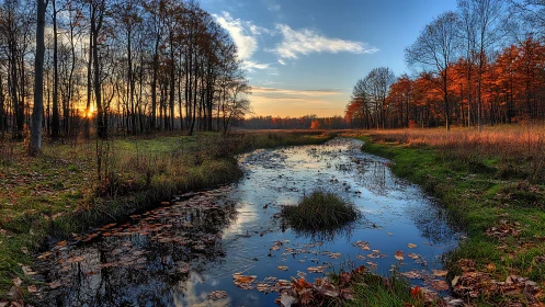 Autumn wetland creek under vivid sunrise sky reflection.